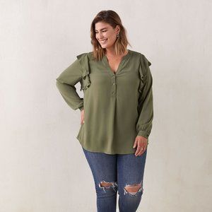 In Every Story Mix Media Blouse With Ruffles Dusty Olive